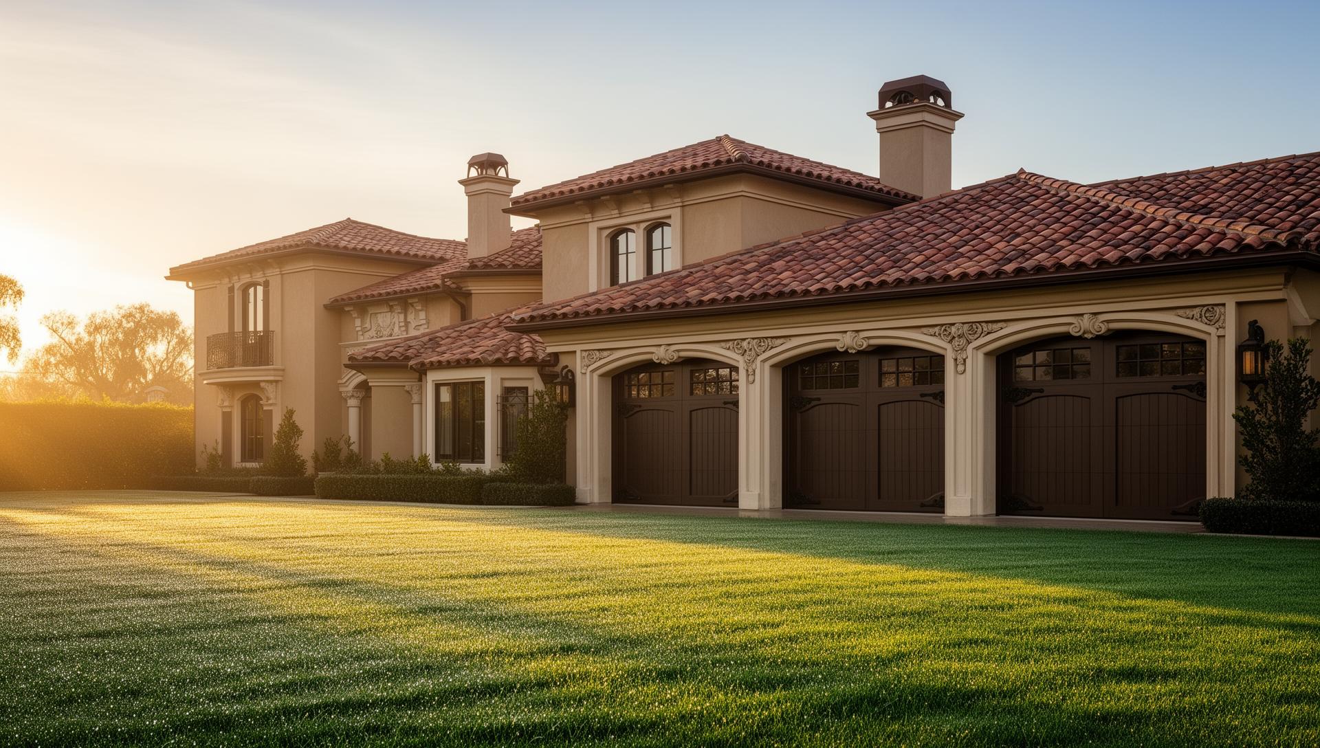 Luxury Mediterranean villa with elegant Victorian style garage doors featuring ornate trim details